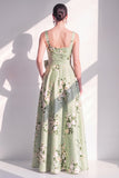Satin A-Line Sage Green Square Neck Floral Long Bridesmaid Dress with Belt