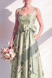 Satin A-Line Sage Green Square Neck Floral Long Bridesmaid Dress with Belt