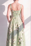 Satin A-Line Sage Green Square Neck Floral Long Bridesmaid Dress with Belt