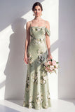 Satin Sage Green Mermaid Floral Spaghetti Straps Long Bridesmaid Dress