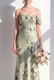 Satin Sage Green Mermaid Floral Spaghetti Straps Long Bridesmaid Dress