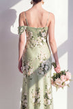 Satin Sage Green Mermaid Floral Spaghetti Straps Long Bridesmaid Dress