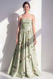 A-Line Satin Sage Green Floral Strapless Ruched Long Bridesmaid Dress