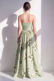 A-Line Satin Sage Green Floral Strapless Ruched Long Bridesmaid Dress