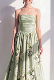 A-Line Satin Sage Green Floral Strapless Ruched Long Bridesmaid Dress