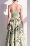A-Line Satin Sage Green Floral Strapless Ruched Long Bridesmaid Dress