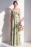 Off the Shoulder A-Line Satin Sage Green Floral Long Bridesmaid Dress