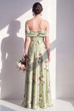 Off the Shoulder A-Line Satin Sage Green Floral Long Bridesmaid Dress