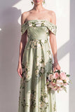 Off the Shoulder A-Line Satin Sage Green Floral Long Bridesmaid Dress