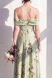 Off the Shoulder A-Line Satin Sage Green Floral Long Bridesmaid Dress