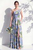 One Shoulder Blue Floral A Line Bridesmaid Dress with Slit