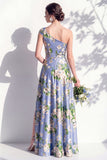 One Shoulder Blue Floral A Line Bridesmaid Dress with Slit