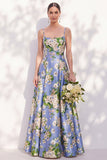 Blue Floral Spaghetti Straps A Line Bridesmaid Dress