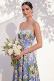 Blue Floral Spaghetti Straps A Line Bridesmaid Dress