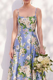 Blue Floral Spaghetti Straps A Line Bridesmaid Dress