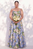 Blue Floral Spaghetti Straps A Line Bridesmaid Dress