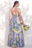 Blue Floral Spaghetti Straps A Line Bridesmaid Dress