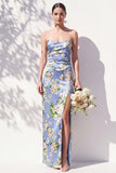 Strapless Blue Floral Ruched Sheath Bridesmaid Dress with Slit