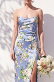 Strapless Blue Floral Ruched Sheath Bridesmaid Dress with Slit