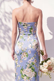 Strapless Blue Floral Ruched Sheath Bridesmaid Dress with Slit