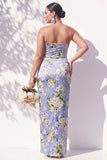 Strapless Blue Floral Ruched Sheath Bridesmaid Dress with Slit