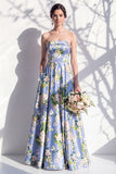 Strapless Blue Floral A Line Bridesmaid Dress