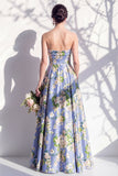 Strapless Blue Floral A Line Bridesmaid Dress