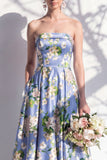 Strapless Blue Floral A Line Bridesmaid Dress