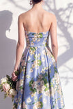 Strapless Blue Floral A Line Bridesmaid Dress