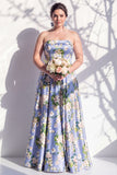 Strapless Blue Floral A Line Bridesmaid Dress