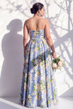 Strapless Blue Floral A Line Bridesmaid Dress