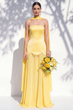 Strapless Yellow A Line Bridesmaid Dress with Neck Scarf