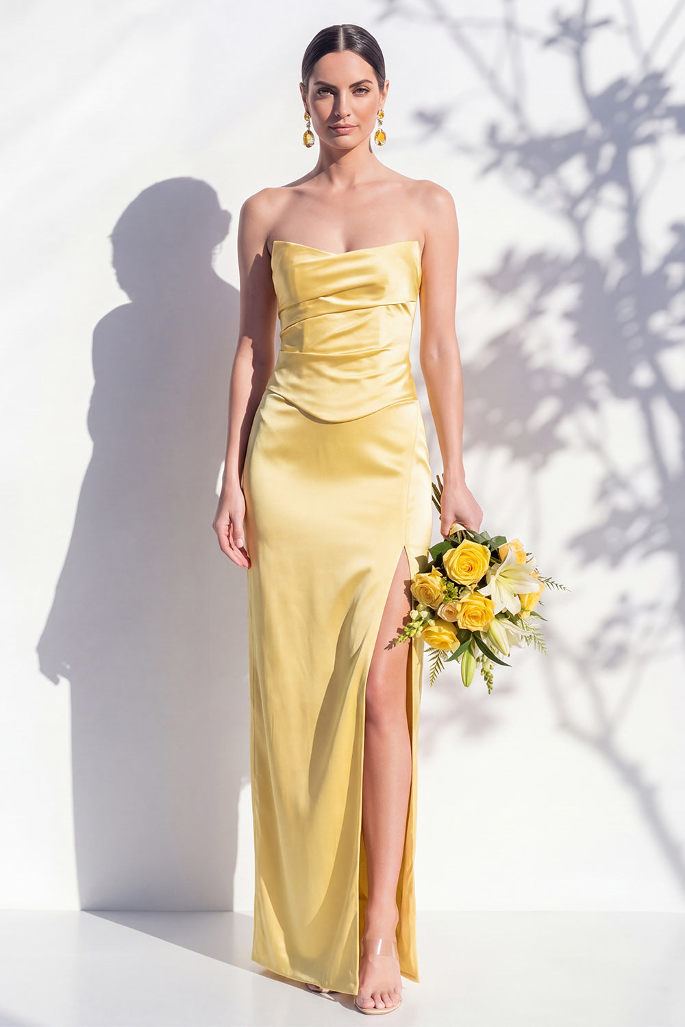 Zapaka Women Strapless Bridesmaid Dress Yellow Satin Sheath Wedding Guest Dress with Slit, Yellow / US26W