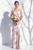 Ivory Red Floral Spaghetti Straps Sheath Bridesmaid Dress with Slit