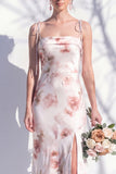 Ivory Red Floral Spaghetti Straps Sheath Bridesmaid Dress with Slit