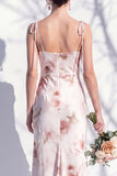 Ivory Red Floral Spaghetti Straps Sheath Bridesmaid Dress with Slit