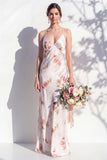 Ivory Red Flower Spaghetti Straps Sheath Bridesmaid Dress