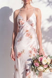Ivory Red Flower Spaghetti Straps Sheath Bridesmaid Dress