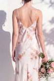 Ivory Red Flower Spaghetti Straps Sheath Bridesmaid Dress