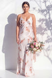 Ivory Red Flower Spaghetti Straps Sheath Bridesmaid Dress
