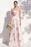 Strapless Ivory Red Floral A Line Bridesmaid Dress