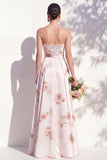 Strapless Ivory Red Floral A Line Bridesmaid Dress