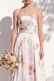 Strapless Ivory Red Floral A Line Bridesmaid Dress