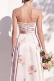 Strapless Ivory Red Floral A Line Bridesmaid Dress