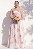 Strapless Ivory Red Floral A Line Bridesmaid Dress
