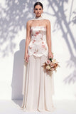 Strapless Ivory Red Floral A Line Bridesmaid Dress with Neck Scarf