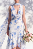 Green Floral Mermaid V Neck Bridesmaid Dress with Scarf