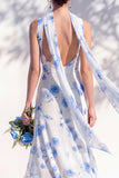Green Floral Mermaid V Neck Bridesmaid Dress with Scarf