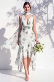 Green Floral Mermaid V Neck Bridesmaid Dress with Scarf