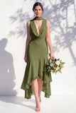 Green Floral Mermaid V Neck Bridesmaid Dress with Scarf